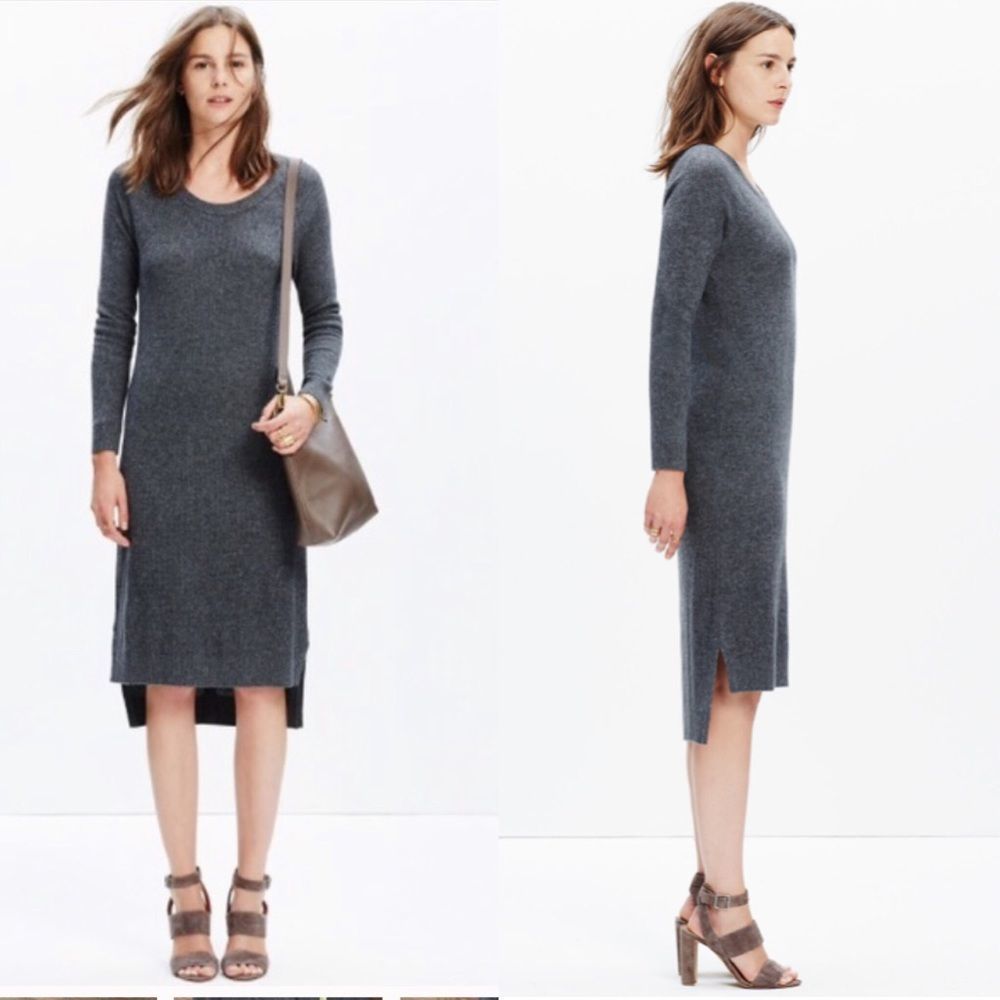Madewell Side Slit Grey Ribbed Midi Sweater Dress